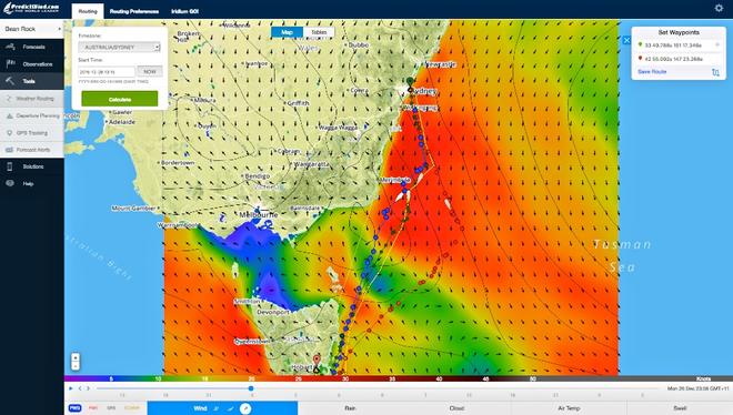 S2H Extreme route supermaxi position, windspeed and direction at 0001hrs Dec 27, 2016, 11 hours after the race start - showing the absence of a southerly front. © PredictWind